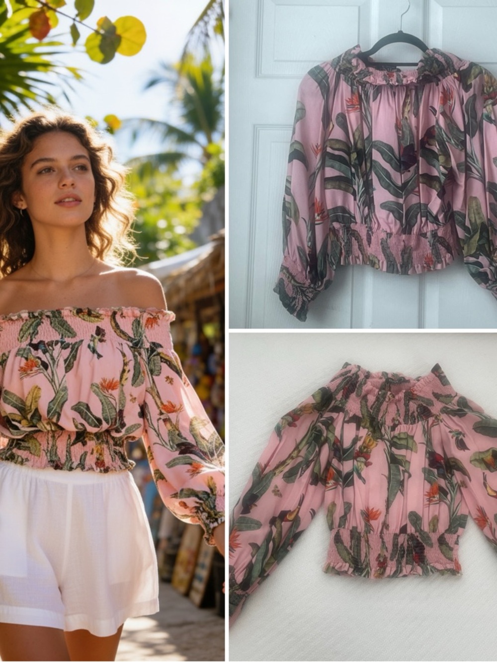 Pat Bo Smocked Off-Shoulder Floral Blouse